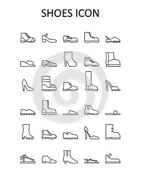 Vector illustration with shoes icons - ankle boots, sabot, brogues, derby, flops photo