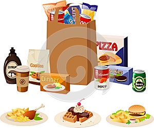 Vector illustration of a shopping paper bag with groceries and various dishes and ingredients