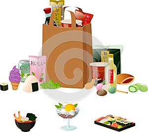 Vector illustration of a shopping paper bag with groceries and various dishes and ingredients