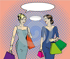 Vector illustration of shopping women in retro pop art style