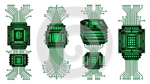 Futuristic Green Digital Circuitry and Processor Vector Set