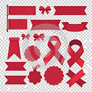 Collection of Decorative Red Ribbons and Banners Vector Illustration Set