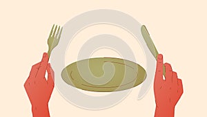 Vector illustration showing an empty plate and hands holding a fork and knife. Man holding tableware. Concept representing food