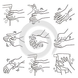 Vector illustration showing how to properly wash your hands to prevent virus infection. Black and white version.