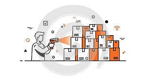 Logistics Worker Scanning Inventory Boxes with Barcode Reader Vector Illustration