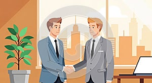 Business handshake concept with two businessmen in suits communicating in modern office, teamwork, partnership, collaboration illu