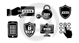 Password security icons set with lock key shield mobile phone and computer vector illustration