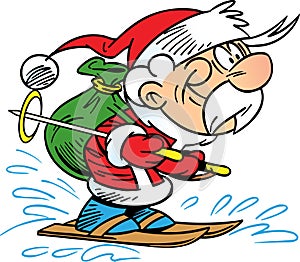 Santa Claus on skis, who hurries with a sack of New Year`s gifts
