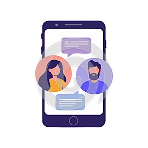 Mobile phone chat interface with man and woman profile icons vector illustration