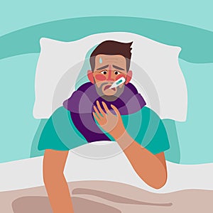 Vector illustration of the sick man laying in bed with a fever.