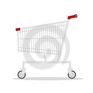 Vector illustration of side view empty supermarket shopping cart isolated on white background.