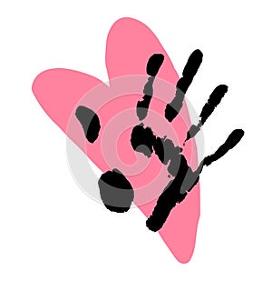 vector illustration of a silhouette of a black open palm print on top of a pink heart on a white background. an isolated