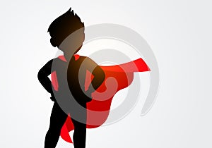 Vector Illustration Silhouette Of Child In Superhero Costume. Kid In Super Hero Pose.