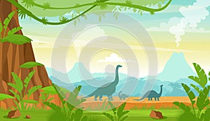 Vector illustration of silhouette of dinosaurs on the Jurassic period landscape with mountains, volcano and tropical