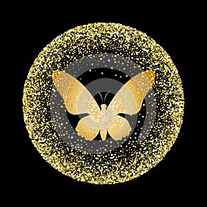 Vector illustration. Silhouette of Golden butterflies on a black background.