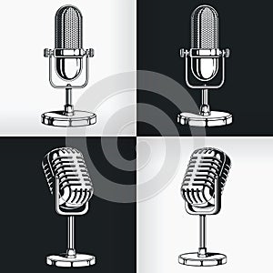 Silhouette old vintage radio microphone retro podcast, classic clipart cartoon illustration