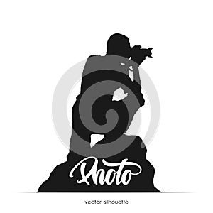 Vector illustration: Silhouette of photographer sitting on stone isolated on white background.