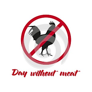 Vector illustration of a silhouette of a rooster under a prohibiting sign on a white background