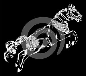 Vector illustration of Silhouette of the running horse in black background