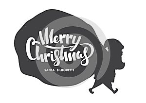 Vector illustration: Silhouette of Santa Claus carries a heavy sack full of gifts on white background.