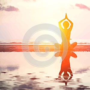 Vector illustration of Silhouette of yoga woman on sea sunset