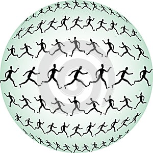 Vector illustration of silhouettes abstract human figures running in rows on green sphere surface