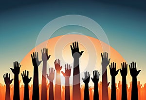 a vector illustration of silhouettes of a crowd of people raising their hands in front of the sun