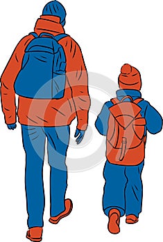 Vector illustration of silhouettes father and his kid walking along street