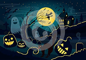 Vector illustration of silhouettes of ghosts, pumpkins, witch, scary cat and other different creatures and decorations