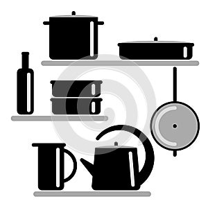 Vector illustration. Silhouettes of kitchen shelves and cooking utensils.