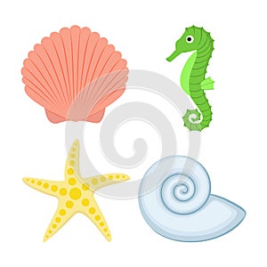 Vector illustration. Silhouettes of seashells, seahorse and starfish in cartoon style.