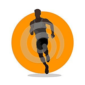 Vector illustration of silhouettes sportman running on orange background