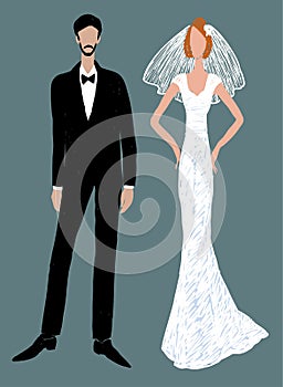 Vector illustration of silhouettes young slim groom and bride