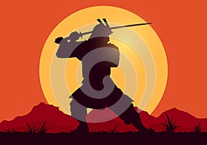 Vector Illustration Sillhouette Of Samurai Worrior With Sword On Sunset Backgound