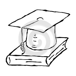 Square academic hat with a tassel on the book. Graduation. Vector illustration. Simple hand drawing icon
