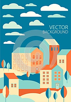 Vector illustration in simple minimal geometric flat style - autumn city landscape with buildings, hills and trees. Abstract