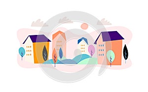 Vector illustration in simple minimal geometric flat style - city landscape with buildings, hills and trees - abstract