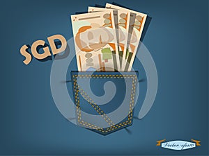 Vector illustration of singapore dollars in the pocket of blue jeans