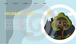 Vector illustration of the site for children s camping, health camps and tourism. Flat illustration of the main page of