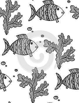 Vector illustration with sketch algae and fishes on white background. Marine seamless pattern with seaweeds, fishes
