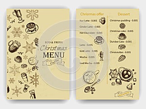 Vector illustration sketch - Vintage Menu. coffee. Christmas hand drawn Decorations - fur tree for xmas design. With balls, toys,