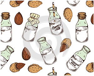 Vector illustration of sketch hand drawn pattern with colorful almond nuts and milk isolated on white background