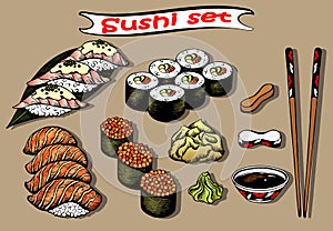 Vector illustration of sketch hand drawn set of sushi menu. Japanese, Chinese, Korean, asian food