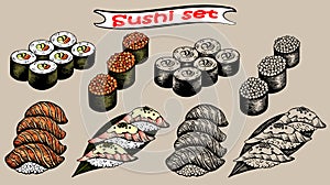 Vector illustration of sketch hand drawn set of sushi menu. Japanese, Chinese, Korean, asian food