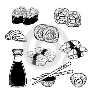 Vector illustration of sketch hand drawn set of sushi menu. Japanese, Chinese, Korean, asian food.