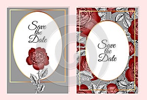 Vector illustration of sketch hand-drawn set of wedding invitation card template design with red flowers in vintage style