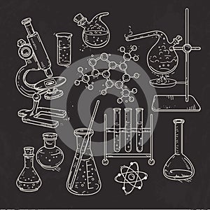 Set of various devices for chemical experiments on black background