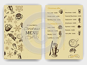 Vector illustration sketch - Vintage Menu. coffee. Christmas hand drawn Decorations - fur tree for xmas design. With balls, toys,