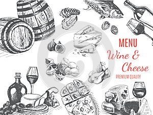 Vector illustration sketch -wine and cheese. Card Menu restaurant. vintage design template, banner
