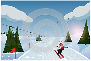 Vector illustration of a skier in the mountains descending at speed in carving and slalom to the finish line